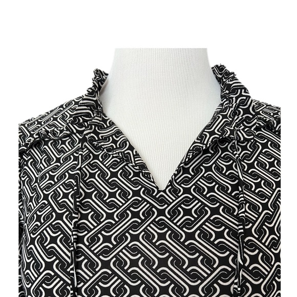 Cocomo Petite blouse, size S neutral geometric, ties ruffle stand up collar EUC - Picture 5 of 14